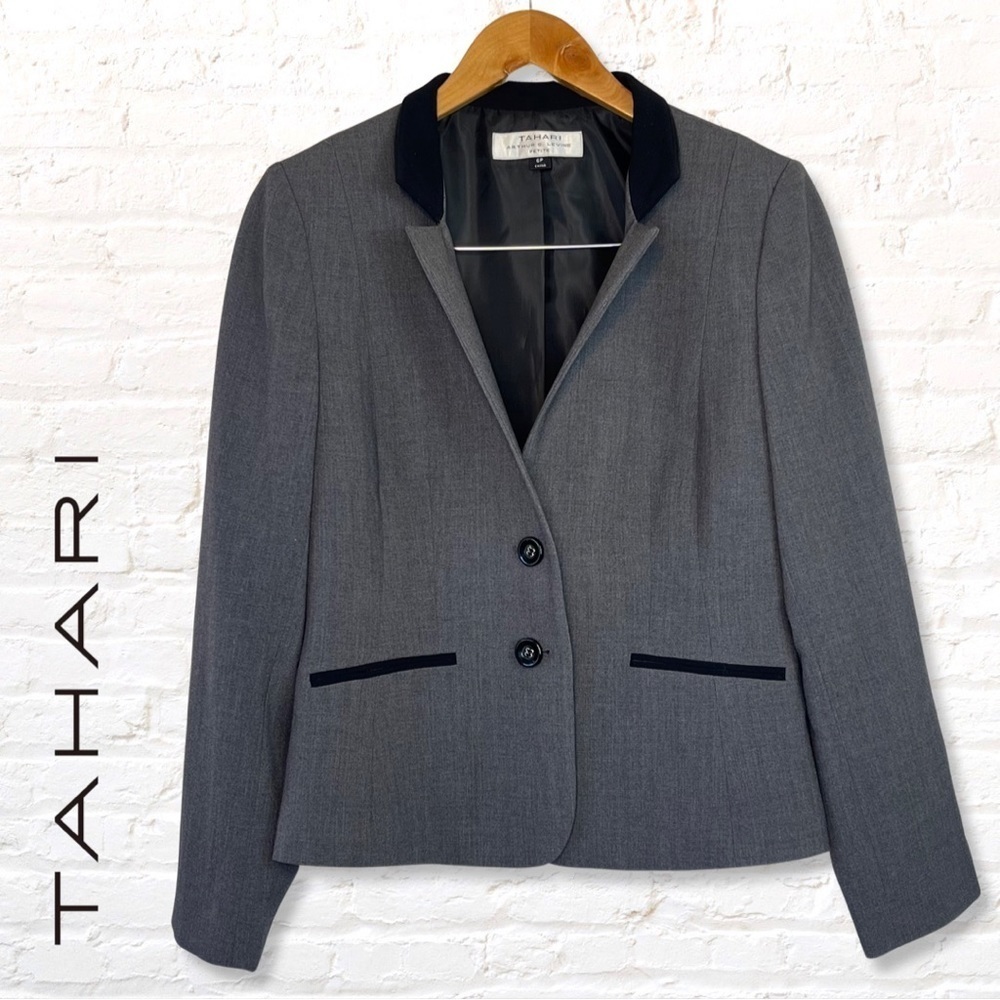 Tahari Arthur S Levine Single Breasted Blazer Jacket Petite 6P Gray